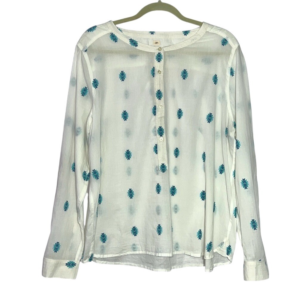 Loft White Blue Aztec Roll Tab Sleeve Embroidered Softened Buttoned Shirt XXL